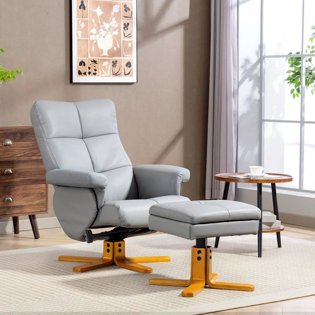HOMCOM PU Leather Swivel Recliner Chair with Storage Footstool and Wooden Base – Living Room Armchair, Light Grey