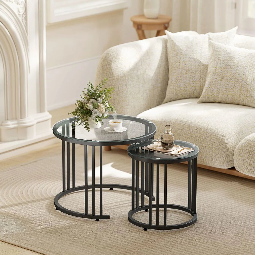 HOMCOM Round Nesting Coffee Tables Set of 2 – Tempered Glass Tops, Steel Frame, Art Deco Style, Black