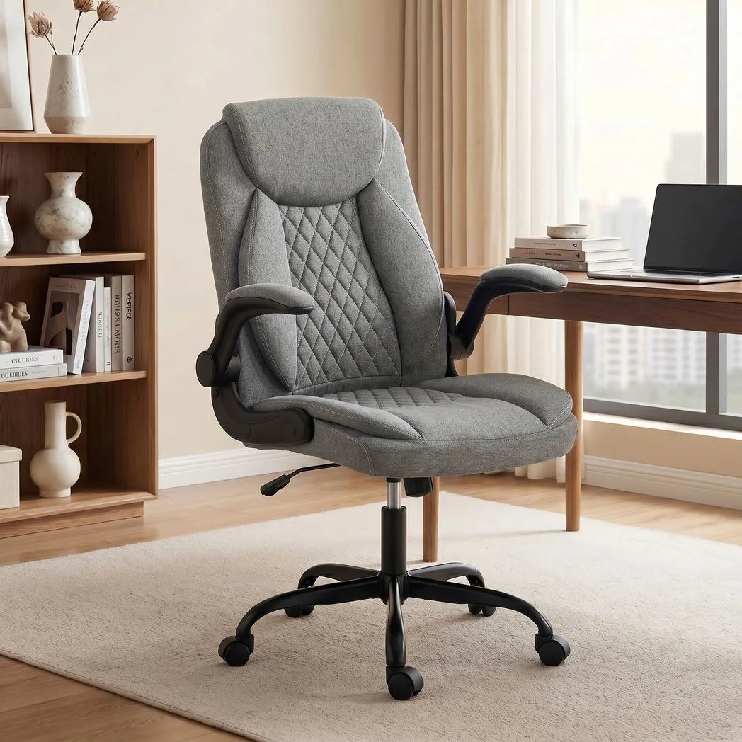 HOMCOM Linen-Look Executive Office Chair with Flip-Up Armrests & Thick Cushion – Computer Desk Chair, Grey