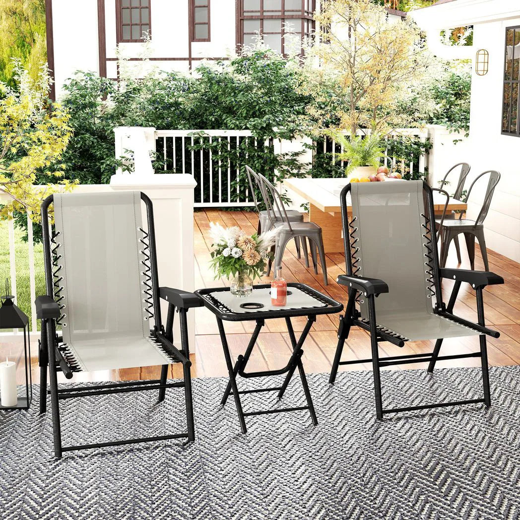 Outsunny Three-Piece Folding Garden Bistro Set with Two Armchairs and Mesh-Top Table – Patio Furniture, Cream White