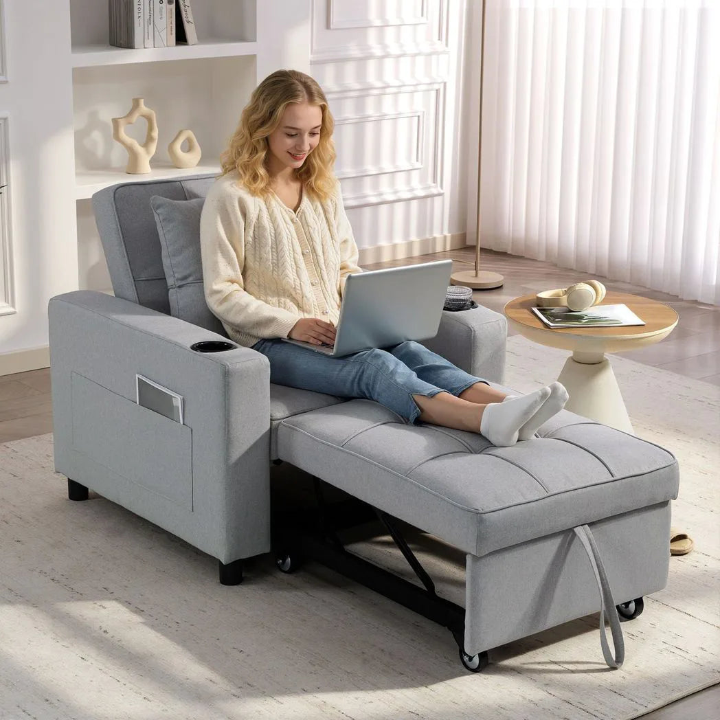 HOMCOM 3-in-1 Convertible Single Sofa Bed with Pillow and Cup Holders – Sleeper Chair Bed, Light Grey