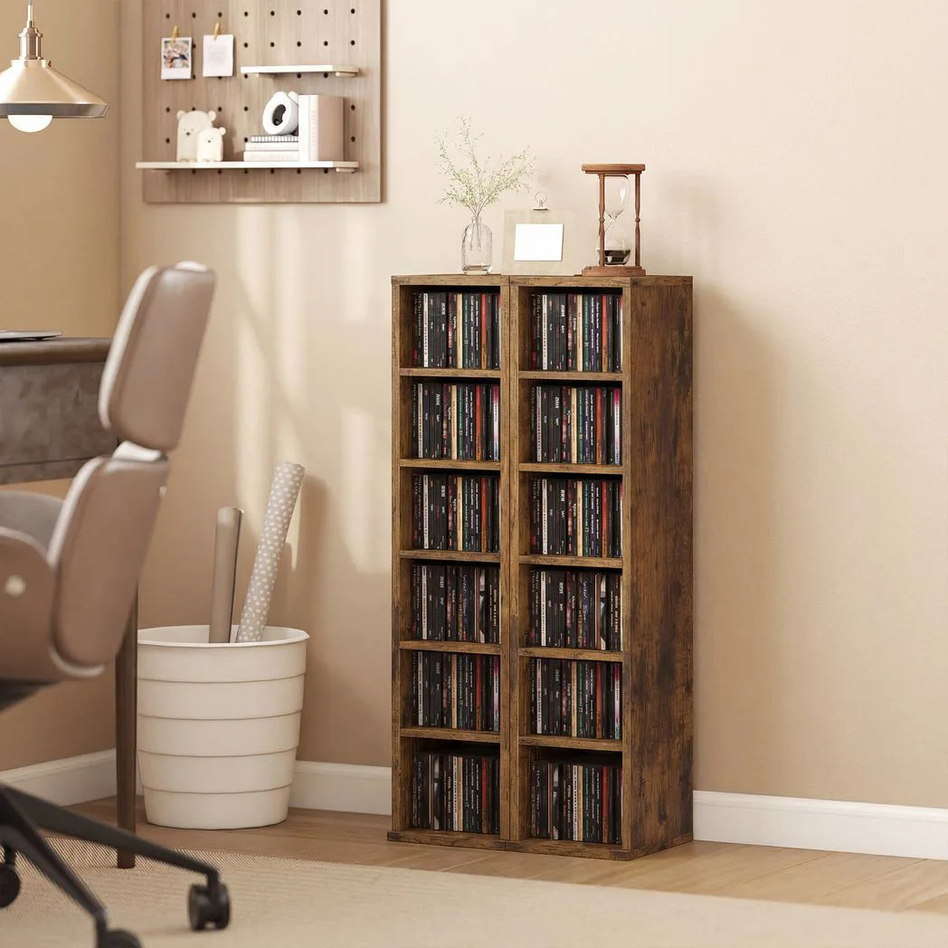 HOMCOM Set of 2 CD Media Storage Towers with Adjustable Shelves, Holds 204 CDs, Rustic Brown
