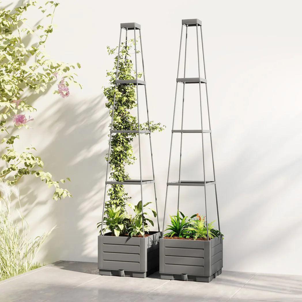 Outsunny Set of 2 Raised Garden Planters with Trellis – 12L Plastic Planter Boxes with Removable Drainage Trays