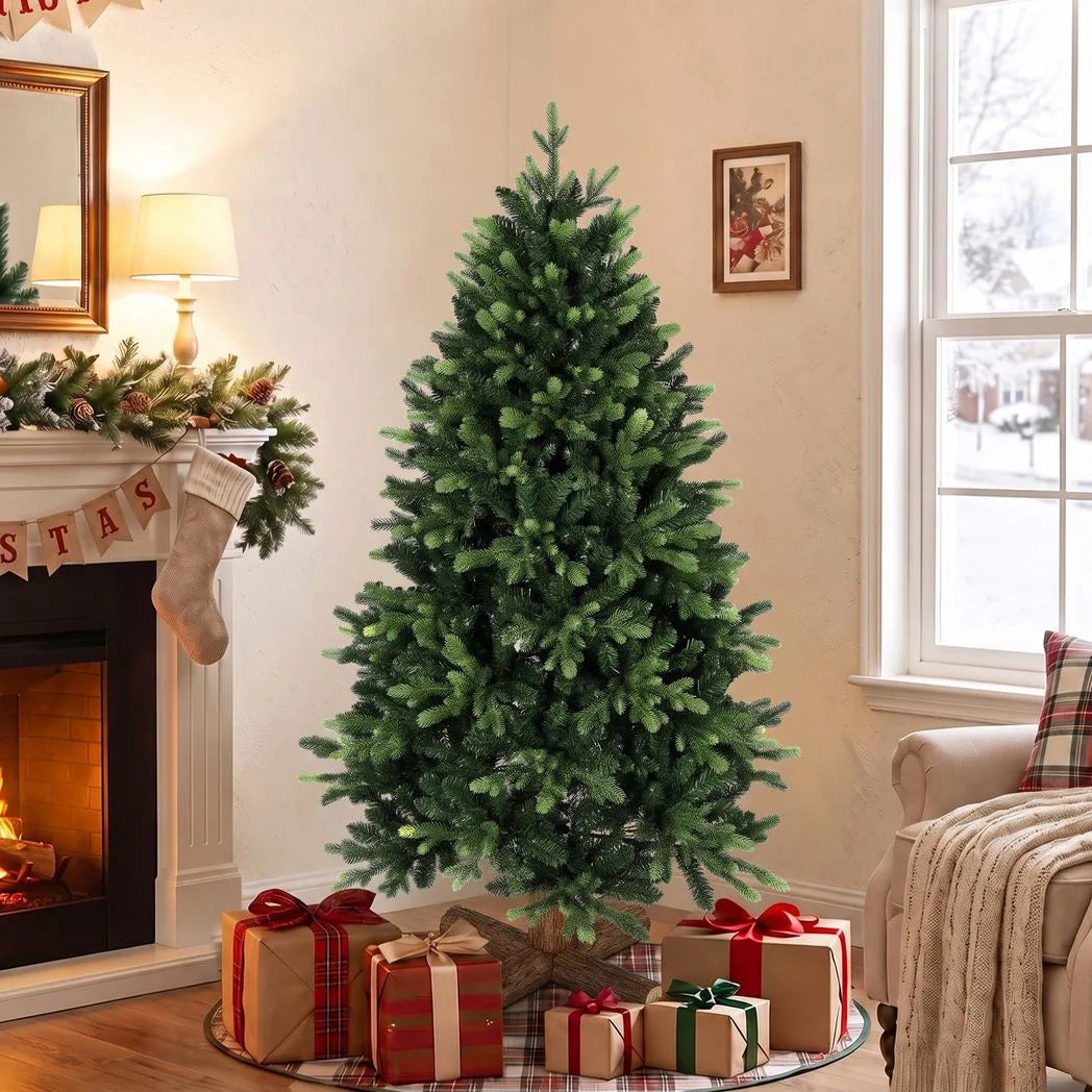 HOMCOM 5ft Hinged Artificial Christmas Tree with 1620 PE and PVC Tips and Fir Wood Base, Green