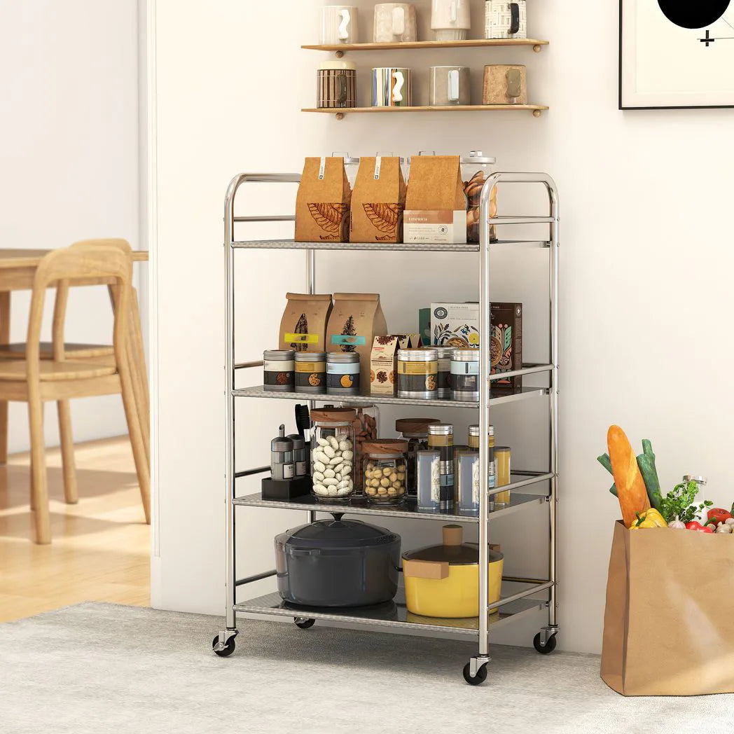 HOMCOM 4-Tier Stainless Steel Kitchen Storage Trolley with Adjustable Shelves and Lockable Wheels – Silver