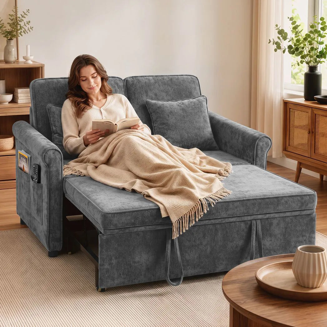 HOMCOM 2 Seater Sofa Bed, 3-in-1 Convertible Chenille Sleeper Sofa with 5-Position Backrest – Grey