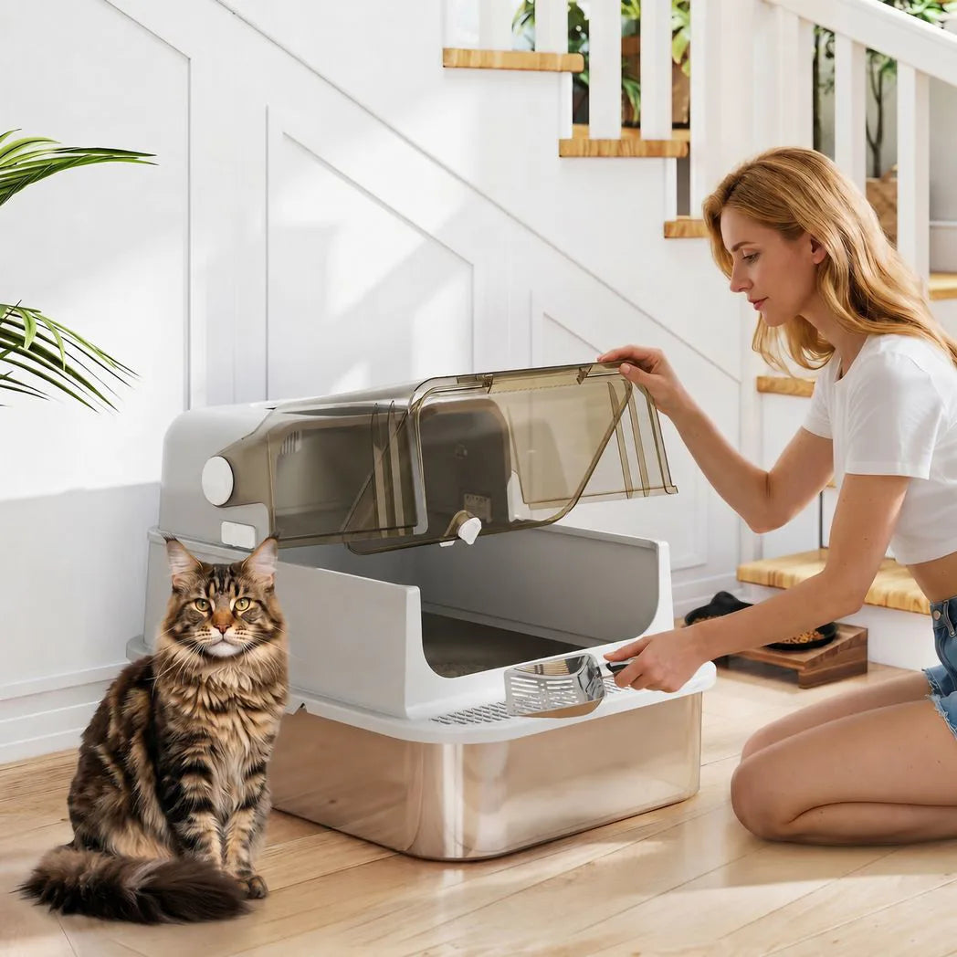 PawHut XXL Stainless Steel Cat Litter Box with 90° Flip Cover, Double Doors & Scoop – Enclosed, Grey