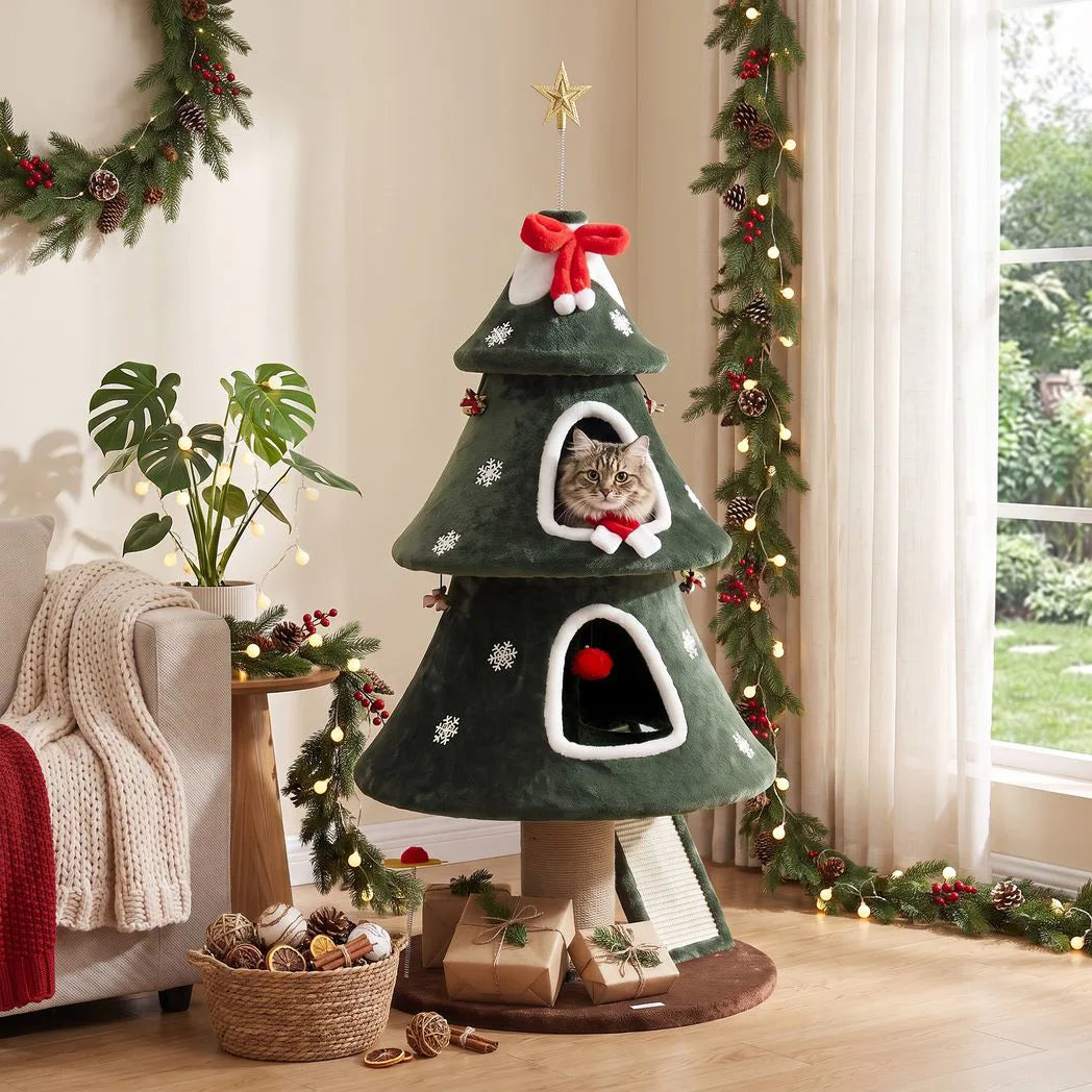 PawHut Christmas Cat Tree with Dual Condos, Sisal Ladder & Anti-Tip Rope – 132 cm Festive Cat Tower