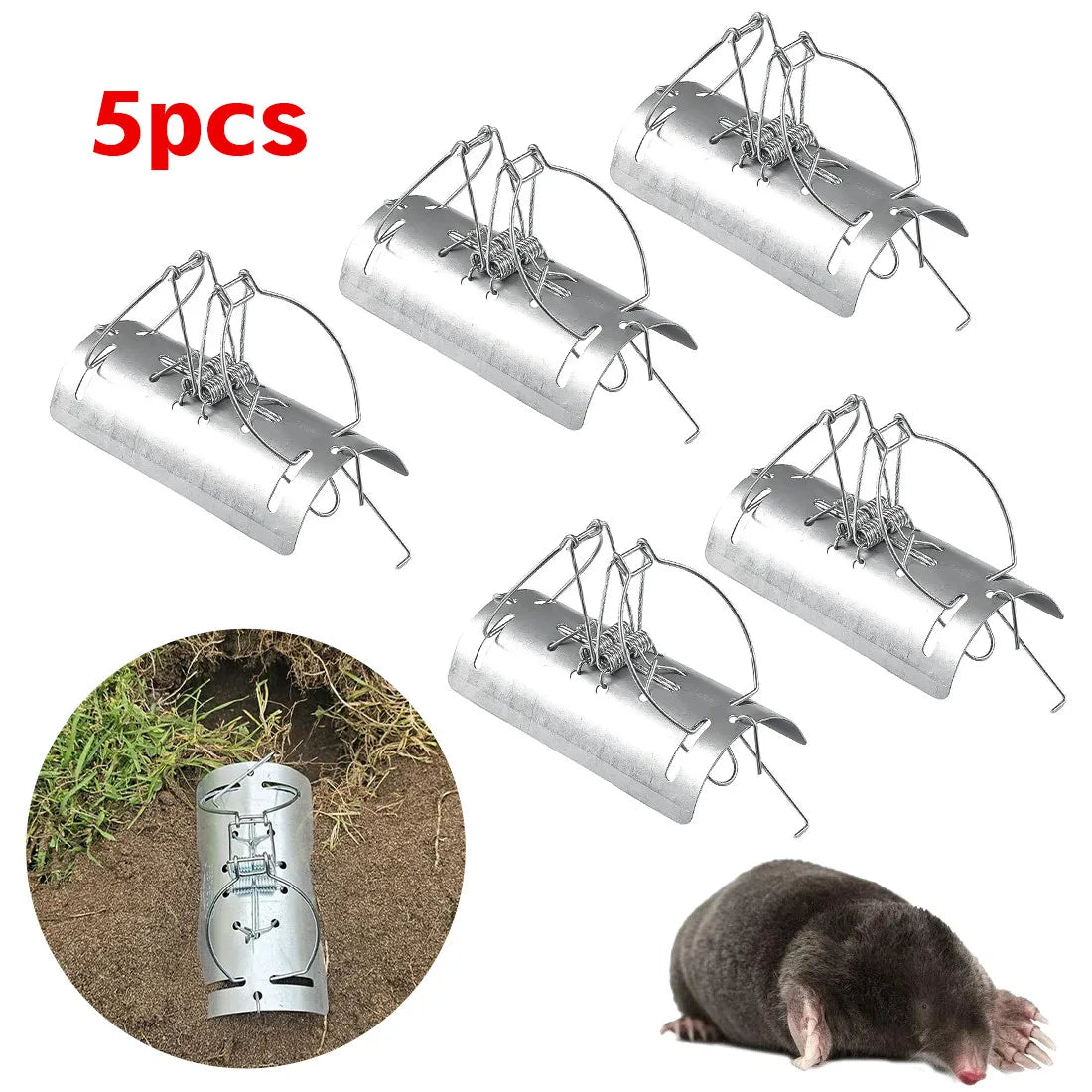 Pack of 5 Tunnel Mole Traps – Rust-Resistant Reusable Quick-Kill Garden Mole Control, Silver
