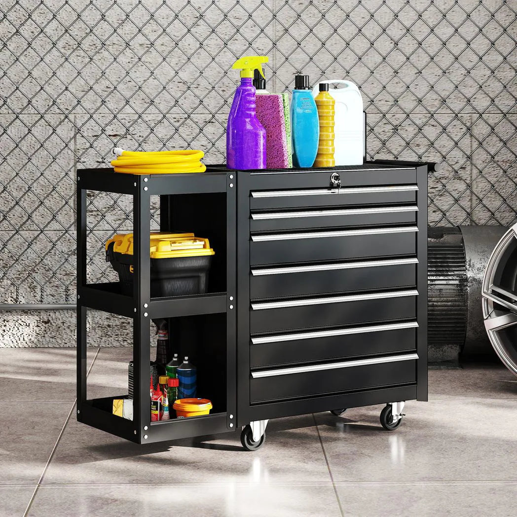 HOMCOM Lockable Steel Tool Chest on Wheels with 7 Drawers and Detachable Shelf – Rolling Workshop Storage, Black