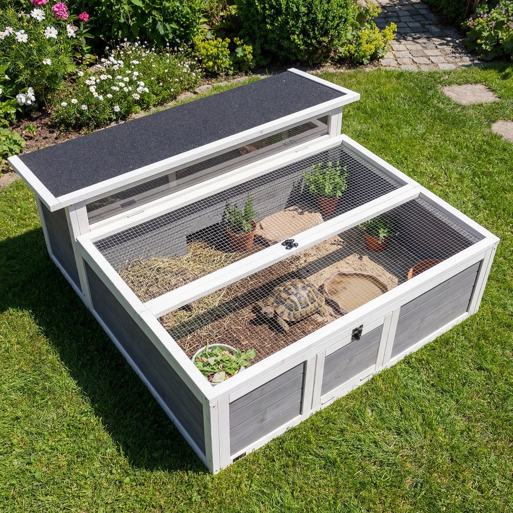 PawHut Wooden Tortoise House with Run, Observation Window and Top Opening – Outdoor Small Pet Enclosure
