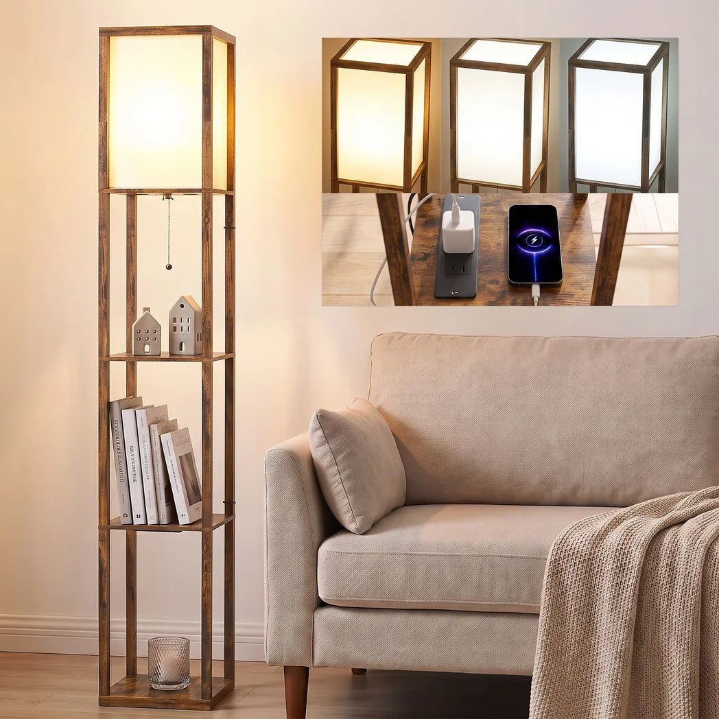 HOMCOM 4-Tier Shelf Floor Lamp with USB Ports – Rustic Brown