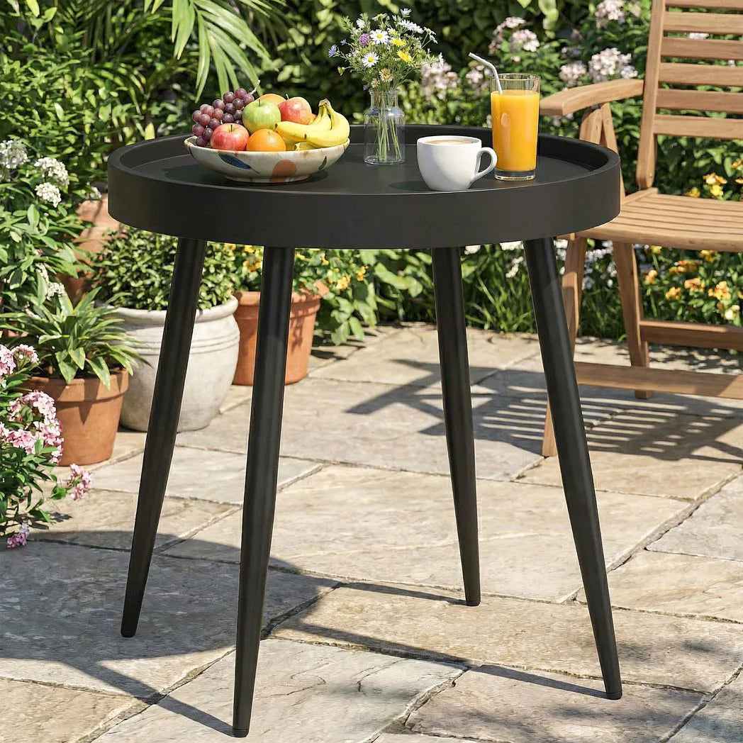 Outsunny 49.5 cm Round Garden Side Table with UV-Resistant Tray-Style Top and Metal Legs – Indoor Outdoor, Black