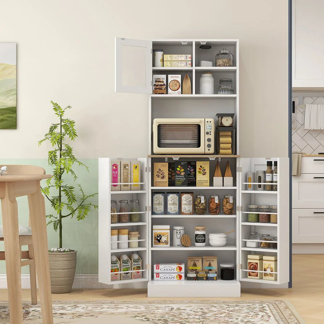 HOMCOM Two-Part Kitchen Storage Cabinet with Microwave Space, Adjustable Shelves & Frosted Glass Door – White