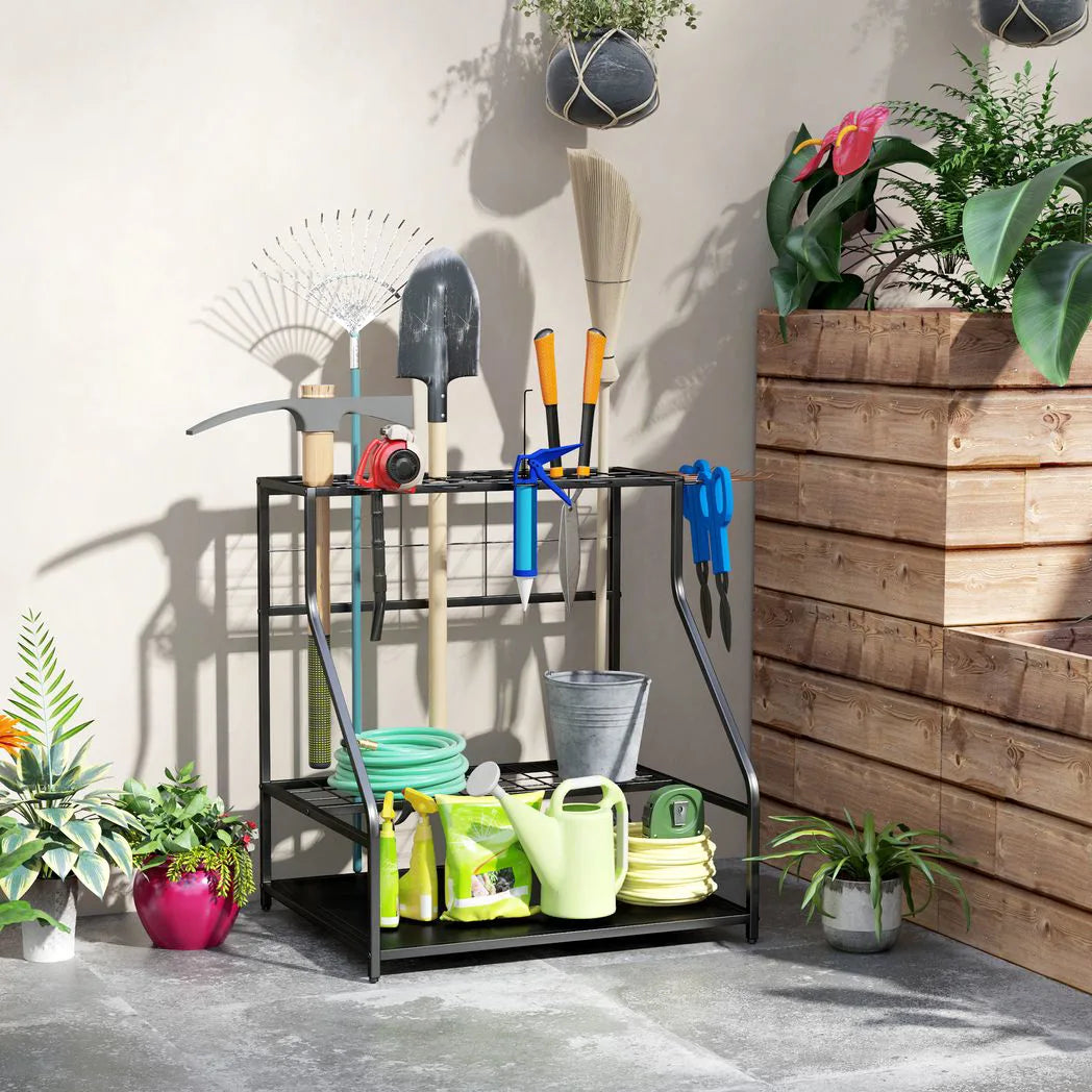 Outsunny 3-Tier Garden Tool Storage Rack with 11 Hooks – Holds 20 Long-Handled Tools, Brooms, Shovels & Rakes