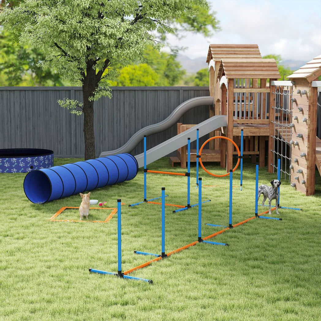 PawHut 8-Piece Dog Agility Training Set with Tunnel, Weave Poles, Adjustable Hurdles and Jump Ring