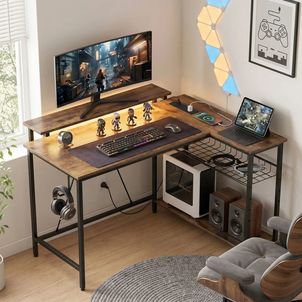 HOMCOM Reversible L-Shaped Desk with LED Lights, Power Outlets & USB Ports – Gaming Home Office, Rustic Brown