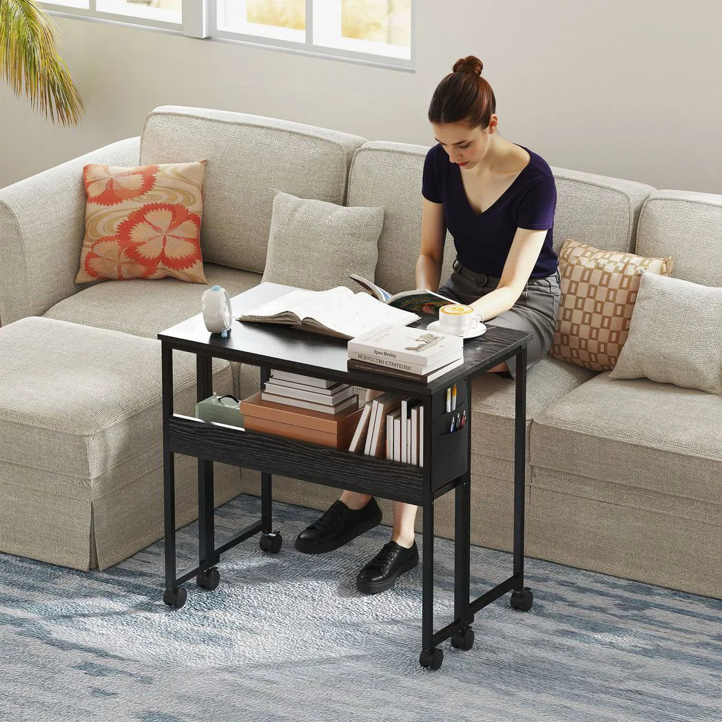 HOMCOM 80cm Drop Leaf Writing Desk with Wheels and Lower Shelf – Foldable Work Table, Black