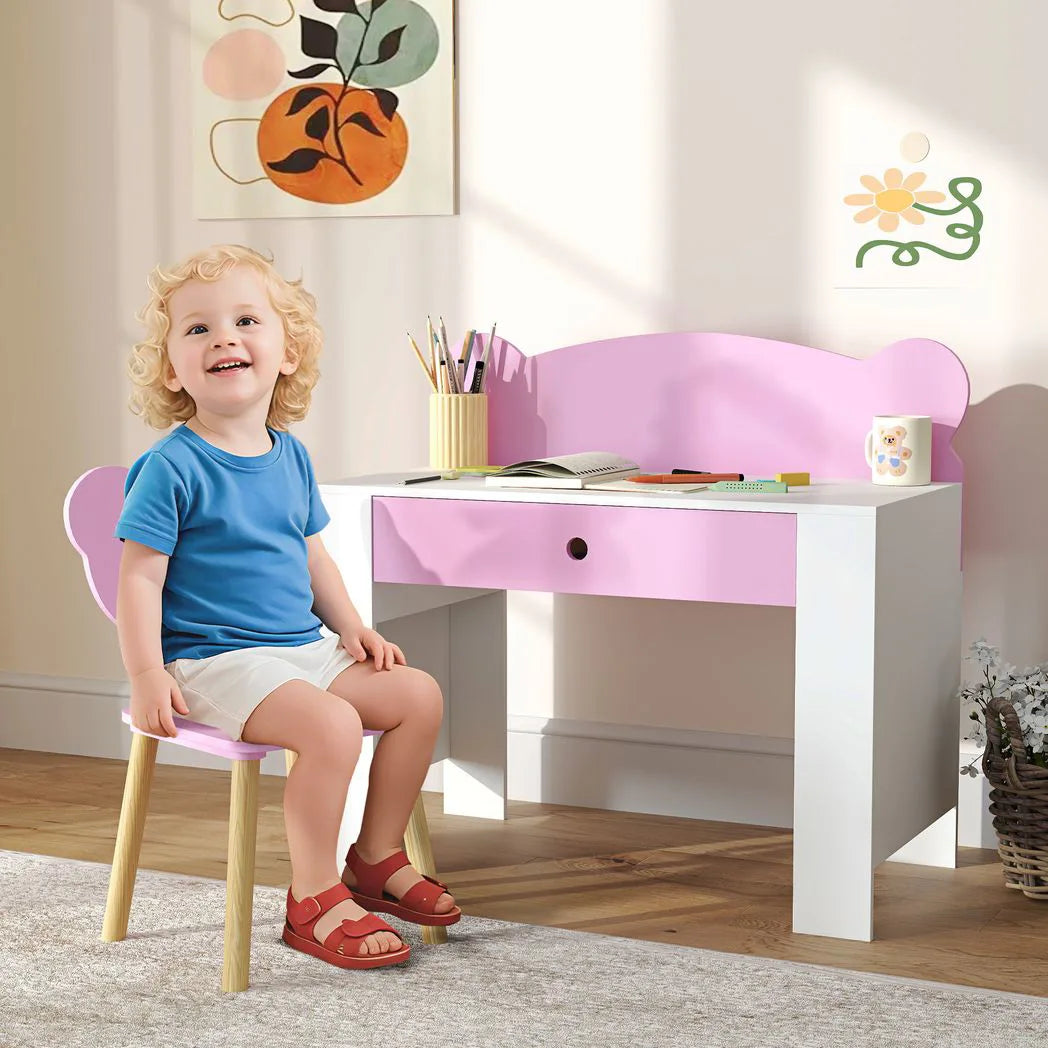 AIYAPLAY Kids Desk and Chair Set with Drawer and Bear Theme – Children's Study Table for Bedroom or Daycare, Pink