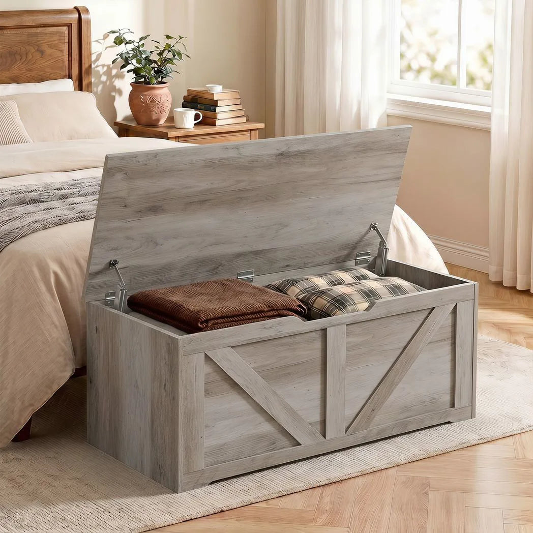 HOMCOM 127L Storage Chest Bench with Safety Hinges – Seat-Top Home Storage Box, Grey Wood-Effect