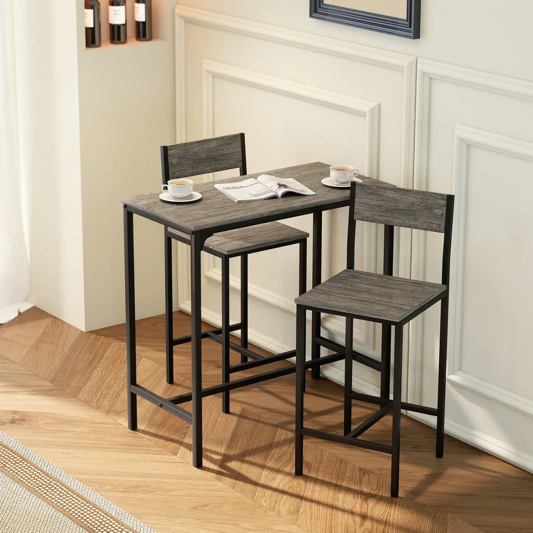 HOMCOM 3-Piece Industrial Bar Table Set with 2 Stools, Backrest and Footrest – Space-Saving, Charcoal Grey