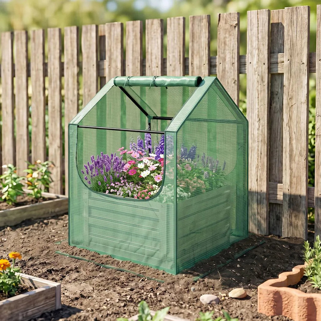 Outsunny 61 x 61cm Garden Planter Bed, with Cover – Green and Silver