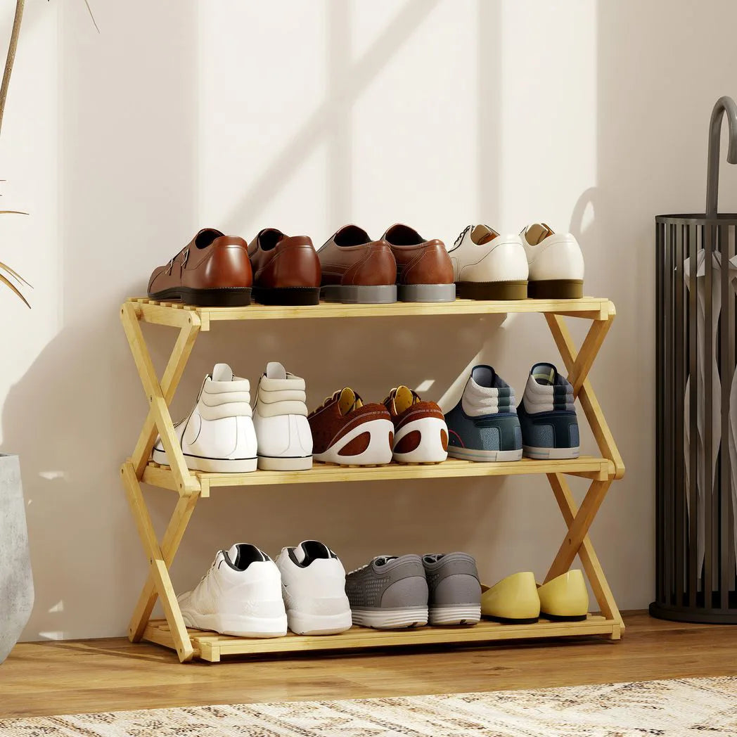 HOMCOM 3-Tier Folding Bamboo Shoe Rack – Holds 9 Pairs, No Assembly, Natural