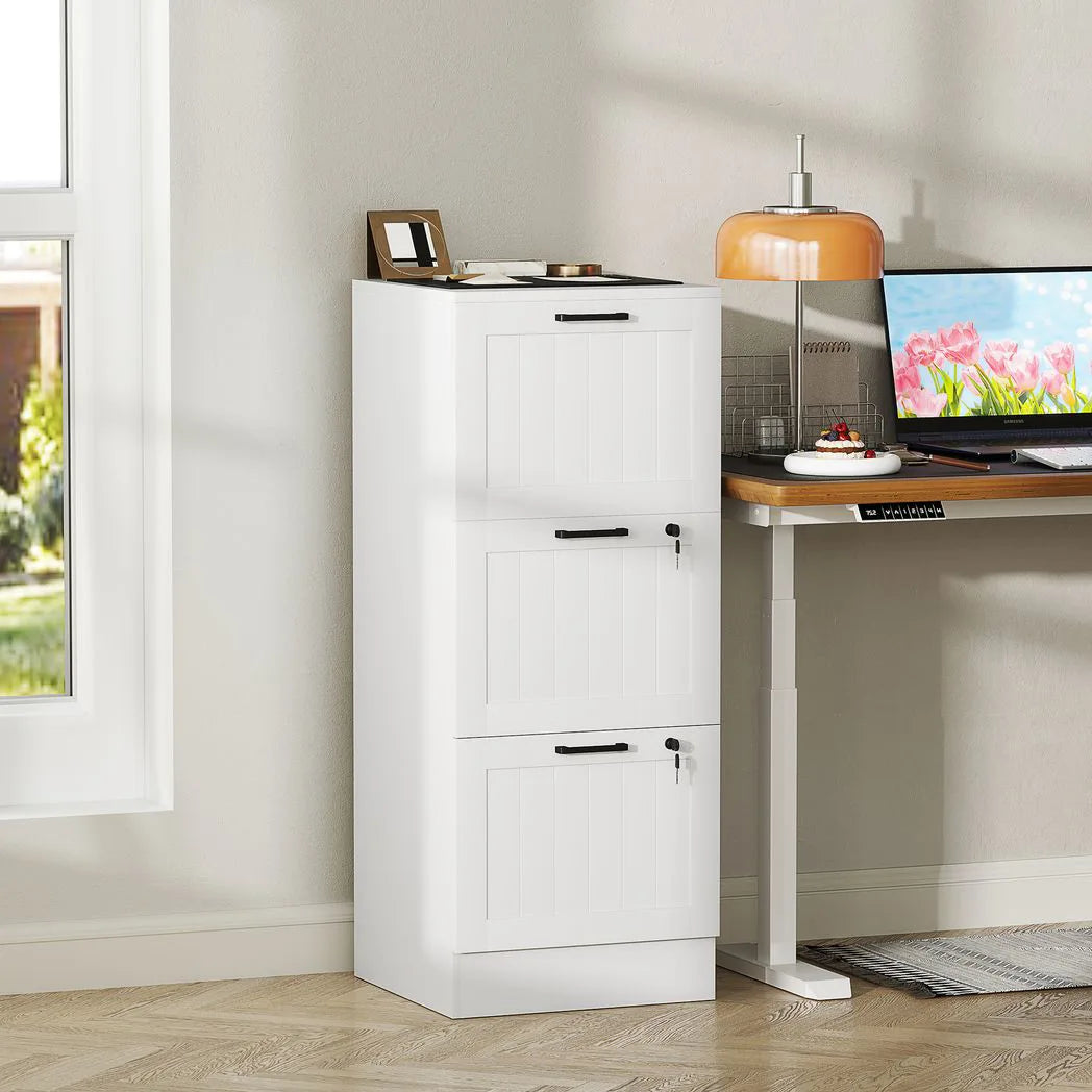 HOMCOM 3 Drawer Filing Cabinet with Lock – Office Storage with Adjustable Hanging Bars for A4 & Letter Files, White