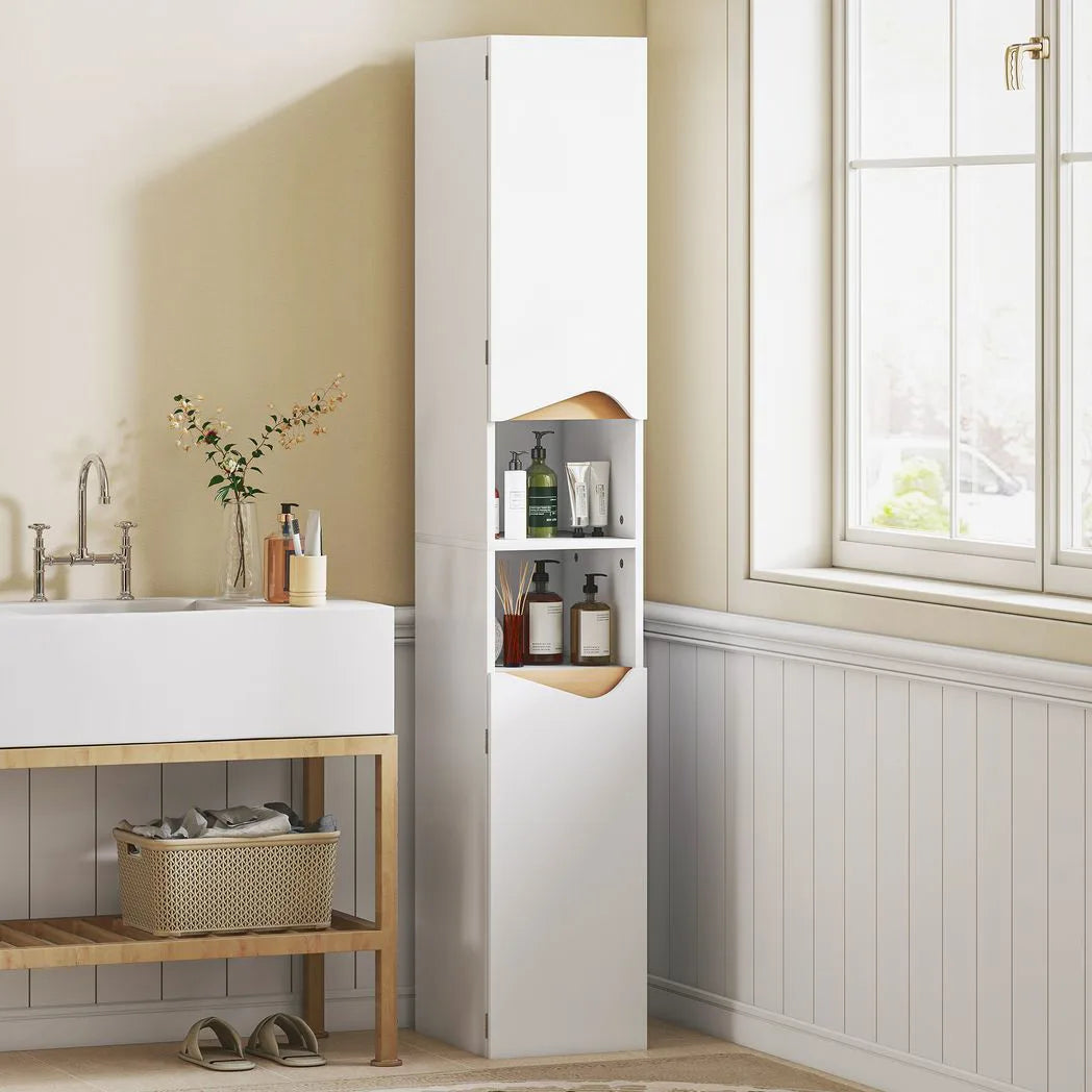 HOMCOM Tall Slim Bathroom Cabinet with 2 Doors and 2 Shelves – Space-Saving Storage, White and Natural Wood