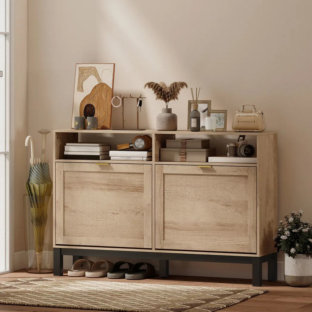 HOMCOM Narrow Shoe Cabinet with 2 Flip-Down Drawers & Open Shelves, Walnut Brown