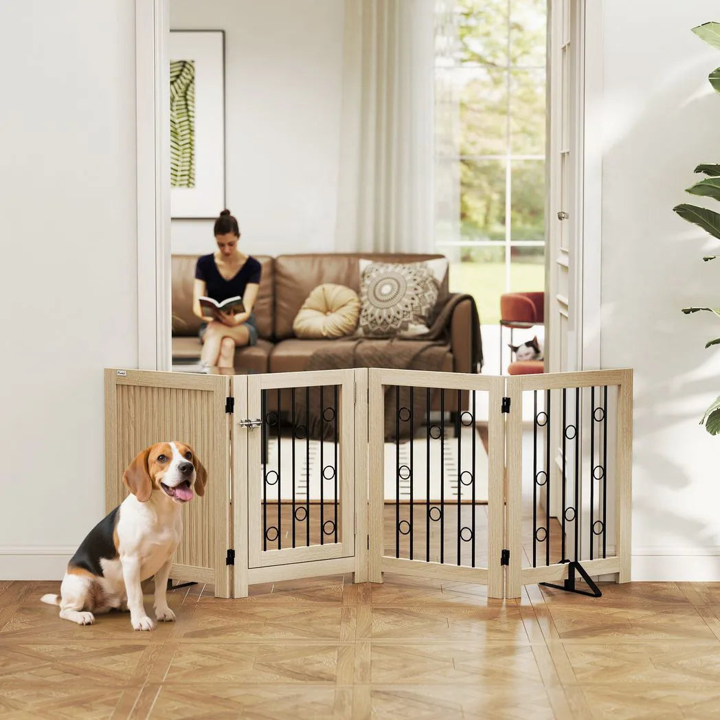 PawHut 4 Panel Freestanding Dog Gate with Lockable Door and Support Feet – Foldable Indoor Barrier, Oak