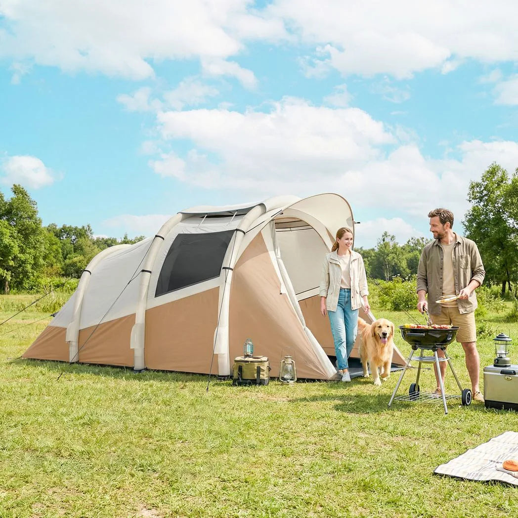 Outsunny 2-3 Person Inflatable Camping Tent with Air Pump, Bedroom & Living Room – Easy Setup Blow Up Tent, Khaki