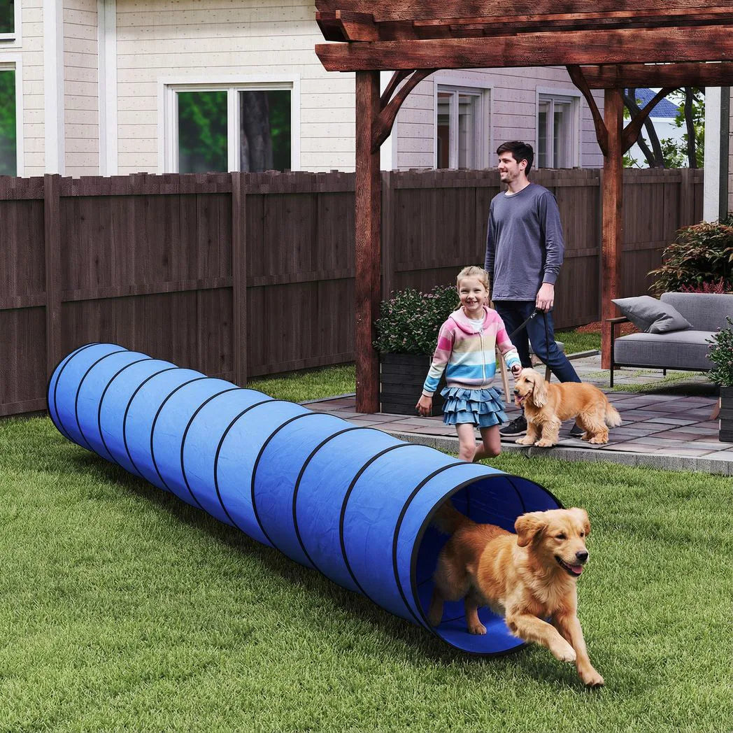 PawHut 500 x 60 cm Dog Agility Tunnel with 6 Pegs and Bag – Foldable, Tear-Resistant Garden Play, Blue
