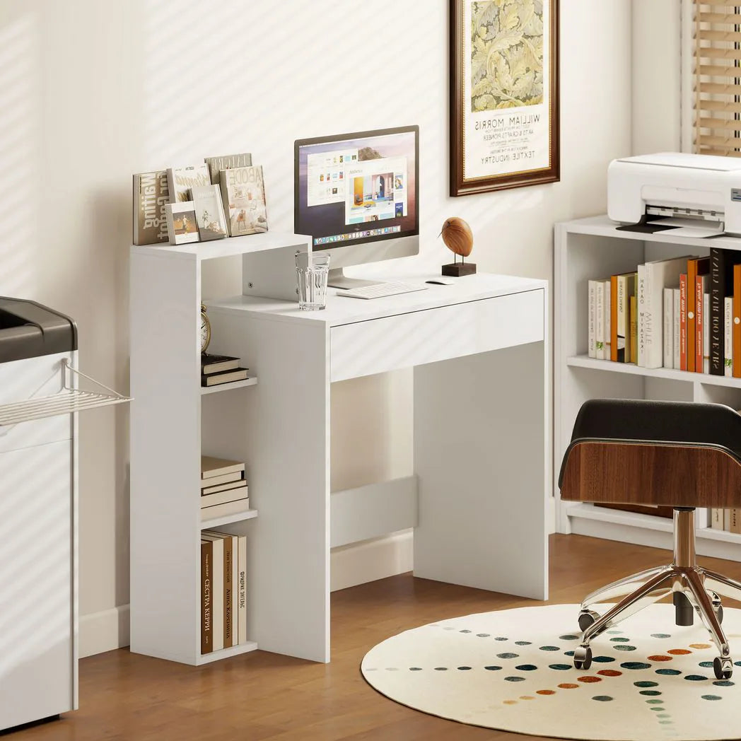 HOMCOM Computer Desk with 3 Open Shelves and Drawer – Compact Home Office Workstation, White