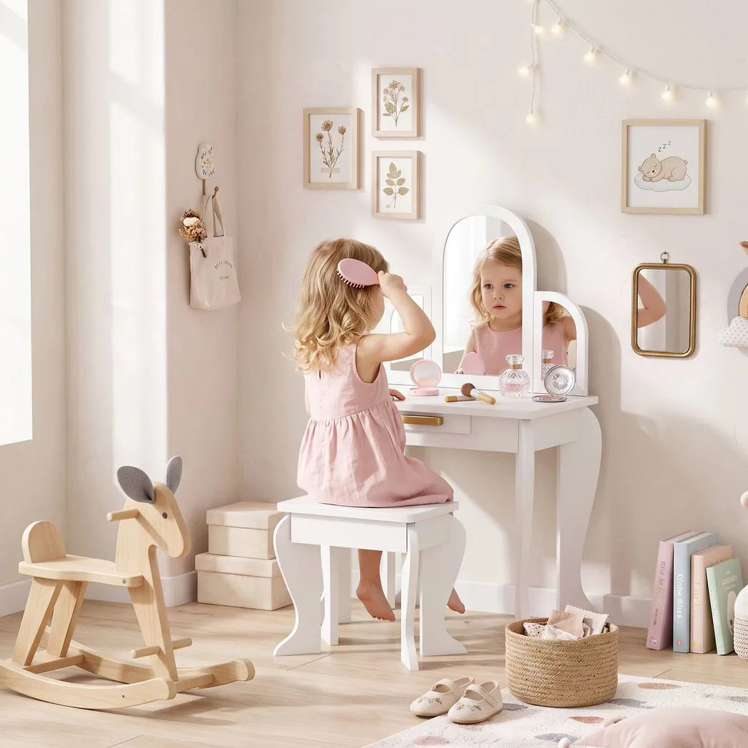 HOMCOM Kids Dressing Table and Stool Set with Mirror & Storage Drawer – Girls Vanity Table, Ages 3-6, White