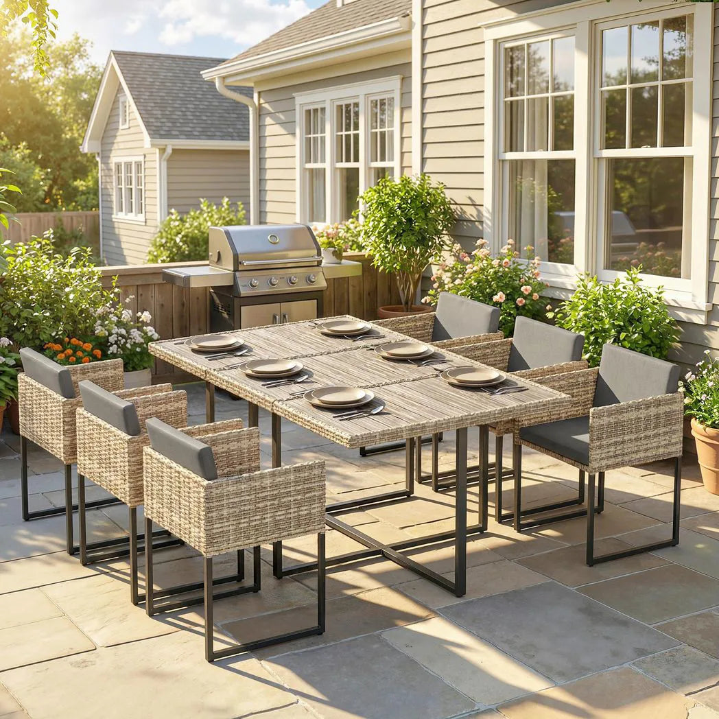 Outsunny 7 Piece Rattan Garden Dining Set with Wood-Plastic Table and 6 Stackable Chairs – Light Brown