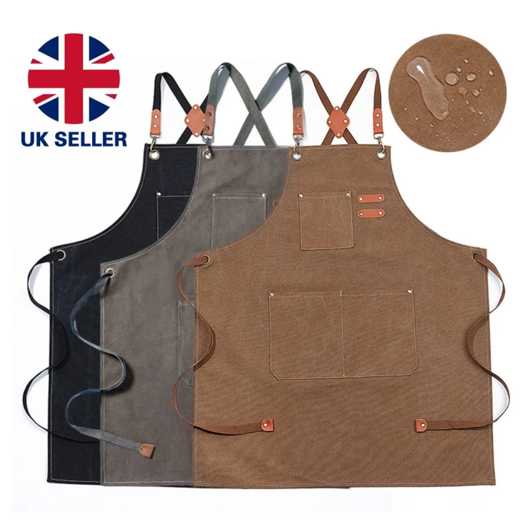 Canvas Apron with Pockets – Adjustable Cross-Back Strap, Kitchen, BBQ & Baking, Grey