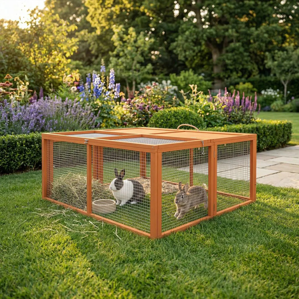 PawHut Wooden Folding Rabbit Hutch for 2–3 Rabbits with Built-In Handle – Outdoor Guinea Pig Run, Orange