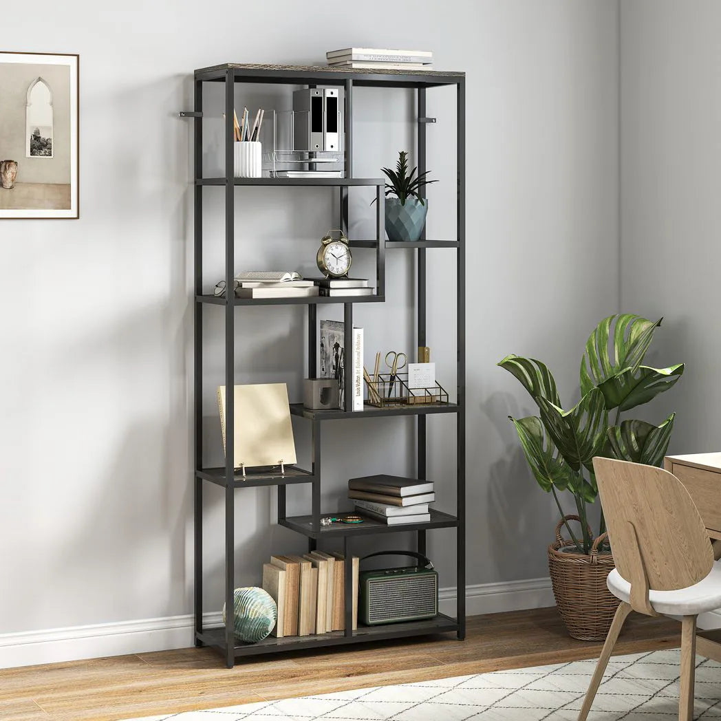 HOMCOM Seven-Tier Geometric Bookcase with Asymmetrical Open Shelves and Anti-Tipping Device – Grey and Black
