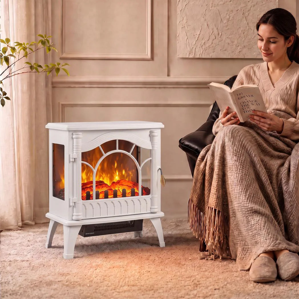 HOMCOM 3-Sided Glass Electric Fireplace Stove with 1000W/2000W Settings and Flame Effect – White