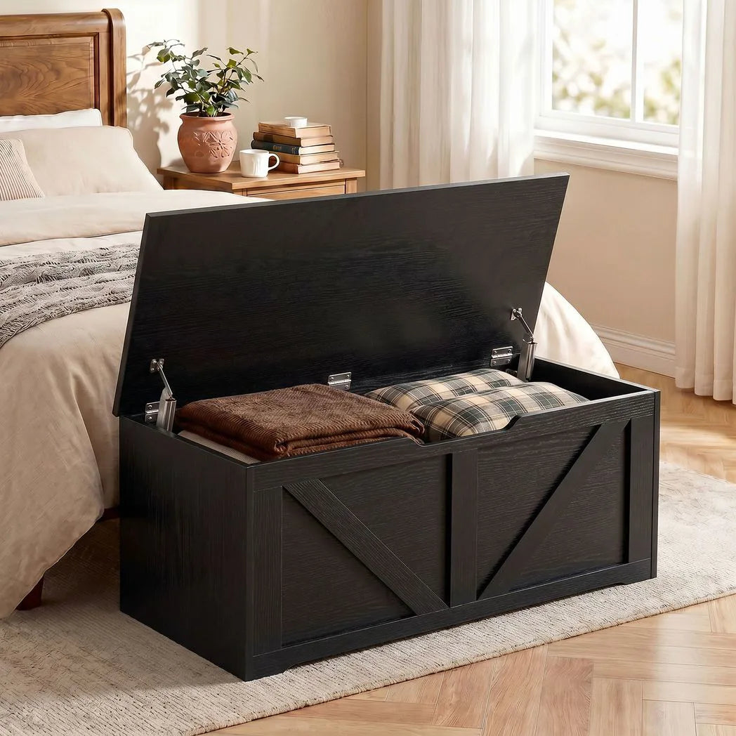 HOMCOM 127L Storage Chest Bench with Safety Hinges – Seat Trunk for Bedroom and Hallway, Black