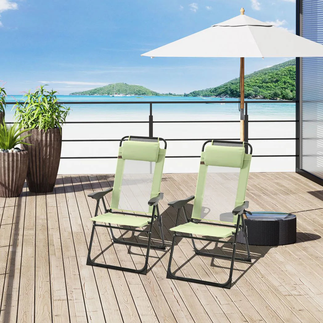 Outsunny Set of 2 Folding Garden Chairs with 5-Position Reclining High Back and Headrests – Texteline Seat
