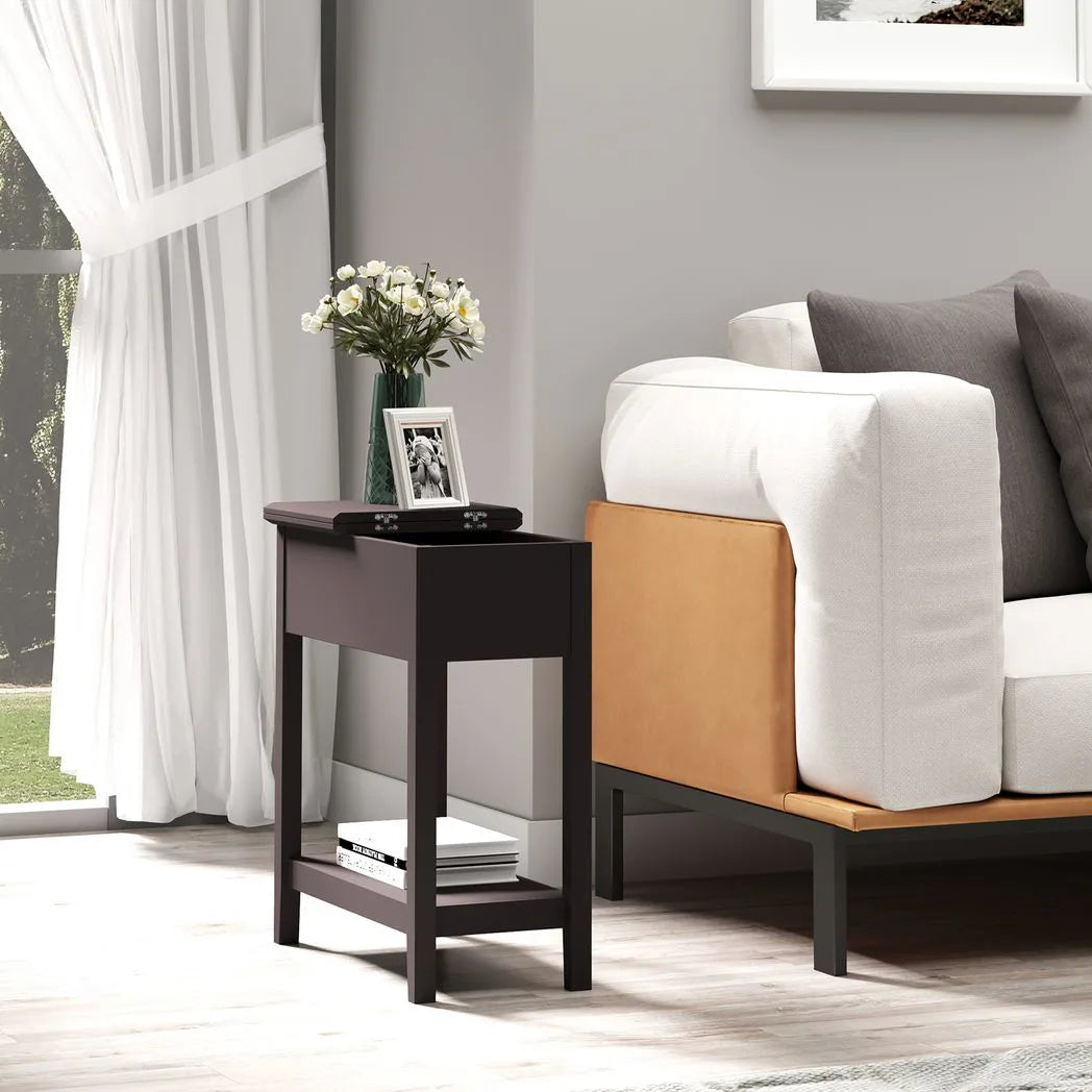 HOMCOM Narrow End Table with Flip Top and Bottom Shelf – Retro Side Table for Living Room and Study, Dark Coffee