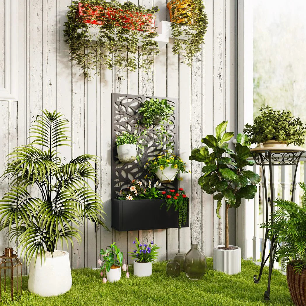 Outsunny Outdoor Metal Planter, with Back Trellis – Black