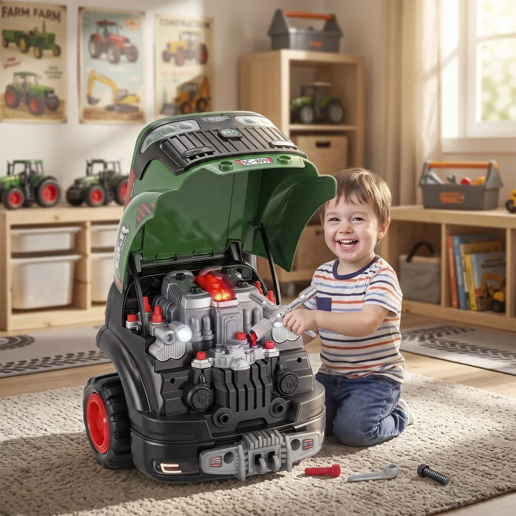 AIYAPLAY Kids Truck Engine Toy with Steering Wheel, Mist, Lights and Sounds – Mechanic Play Set, Green