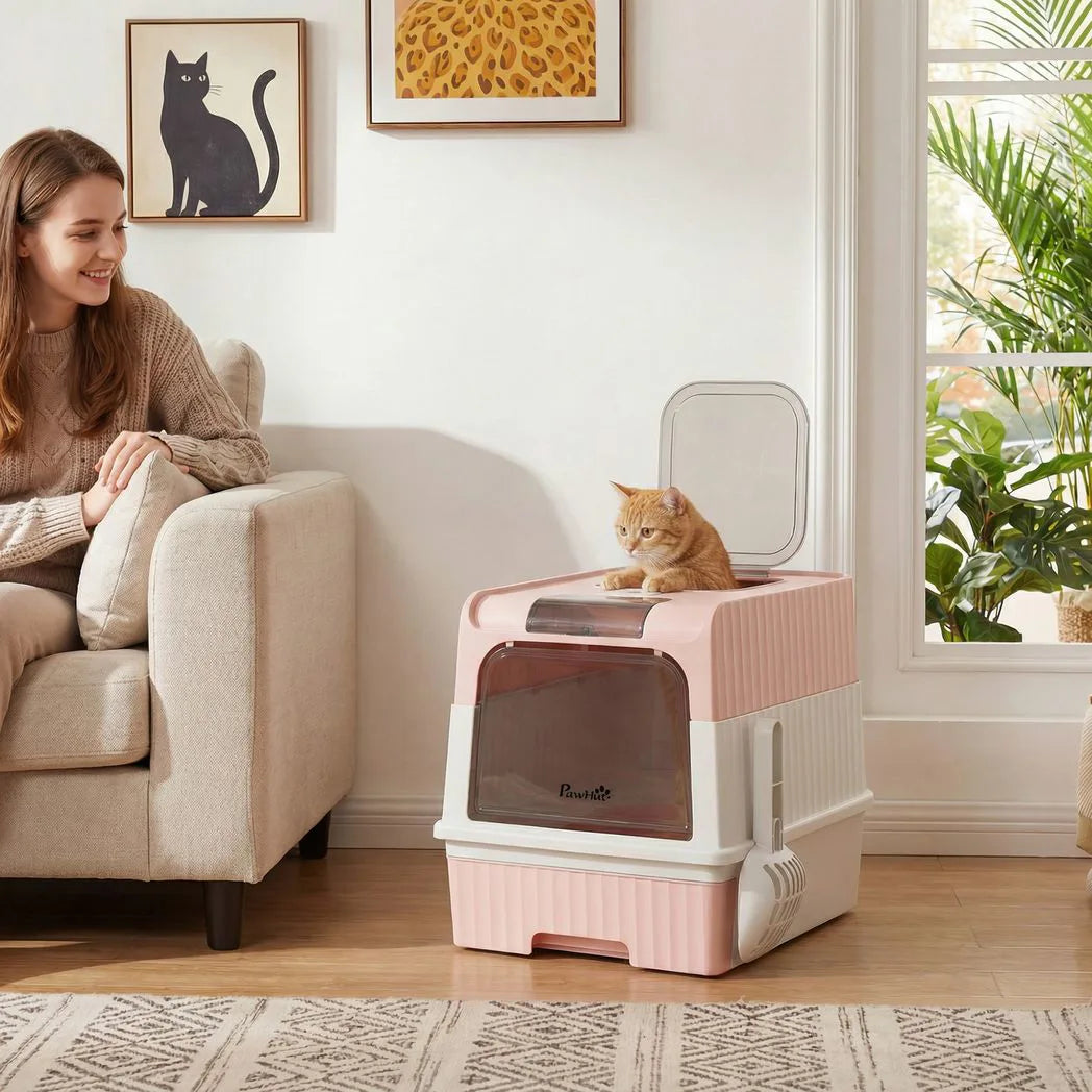 PawHut Enclosed Cat Litter Box with Pull-Out Drawer, Scoop & 2 Deodorisation Bags – Top Exit, Pink