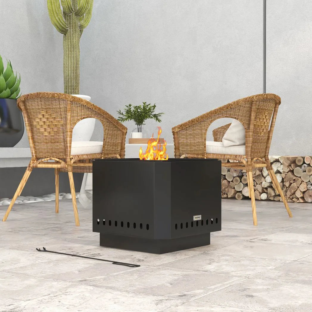 Outsunny 48cm Smokeless Wood Burning Fire Pit with Poker – Portable Square Metal Bonfire Stove, Black