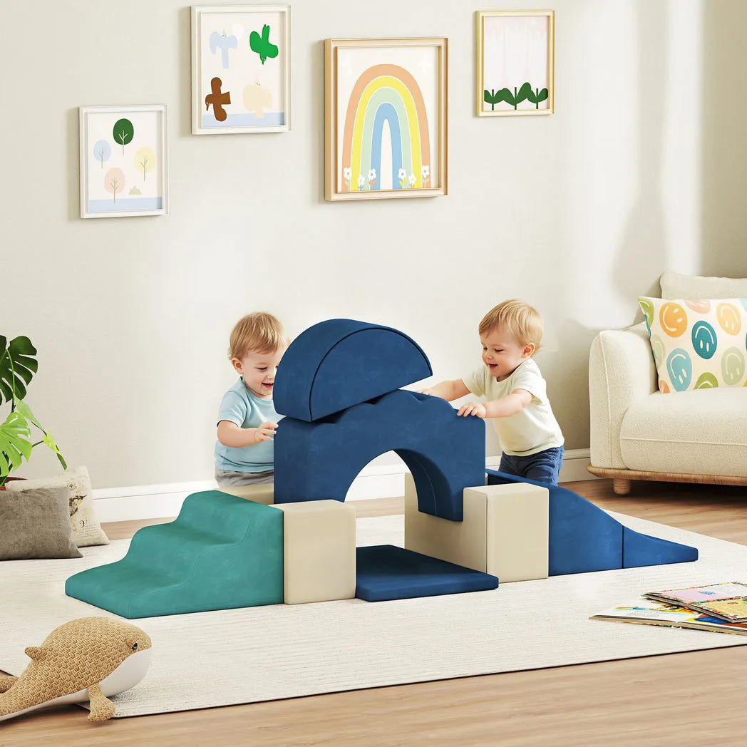 AIYAPLAY 7 Piece Kids Soft Play Set with Velvet Cover – Climb and Crawl Foam Toy for Toddlers, Dark Blue