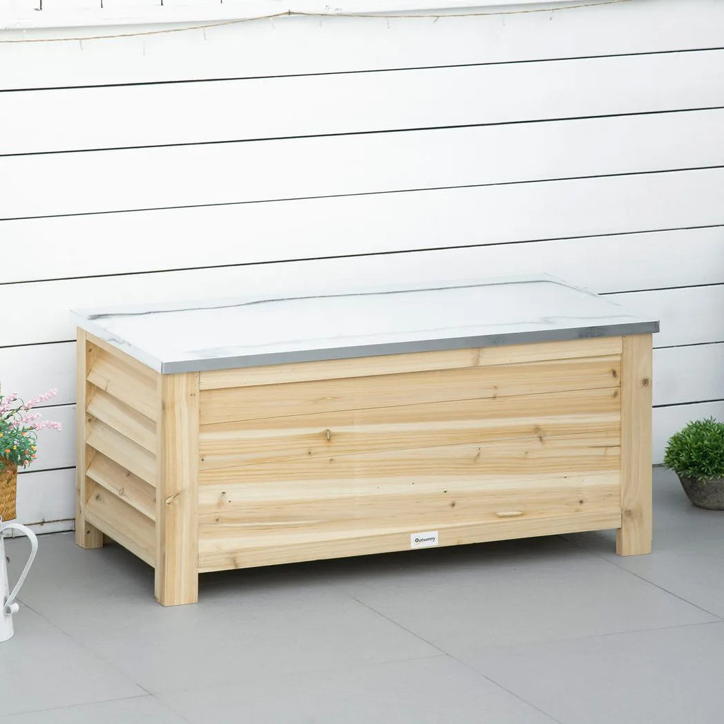 Outsunny 155L Outdoor Storage Box with Galvanised Metal Top and Shutter Walls – Wooden Garden Tool Organiser