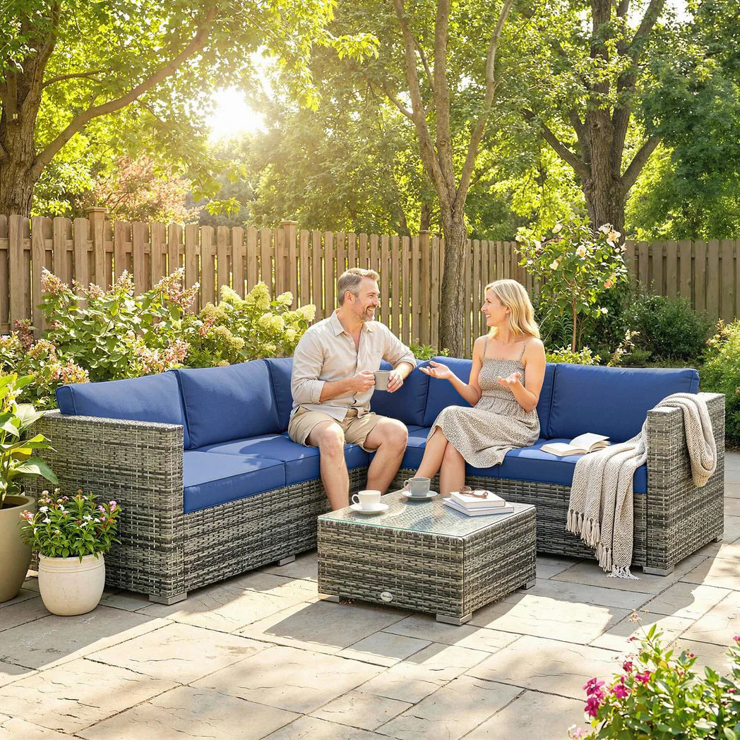 Outsunny 4 Piece Rattan Garden Corner Sofa Set with Glass-Top Coffee Table & Cushions, Blue